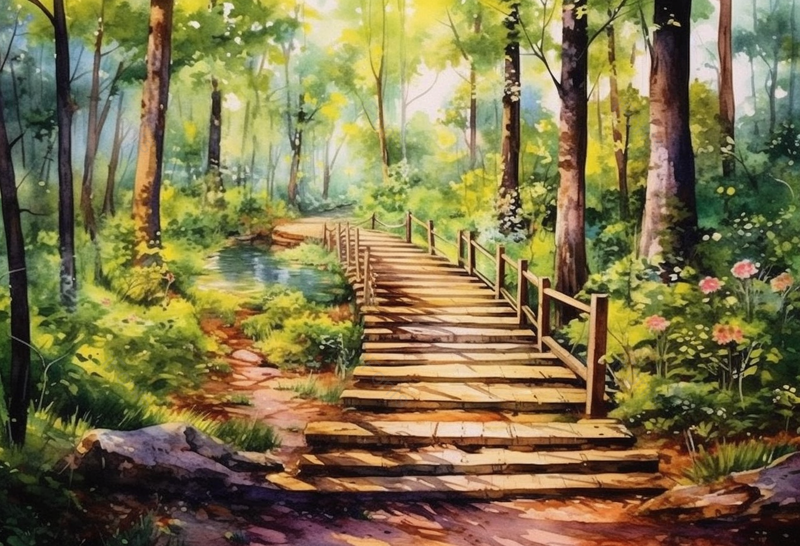 唯美童话幻想场景森林中的木头小路水彩插画,插画/手绘图,插画/手绘图库,插画/手绘图下载,插画/手绘